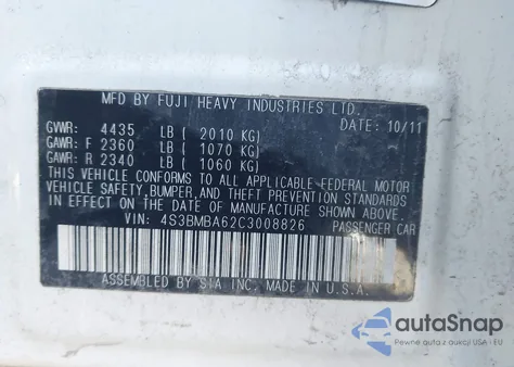 2012 Subaru Legacy 2.5I из США, поврежденный, VIN 4S3BMBA62C3008826